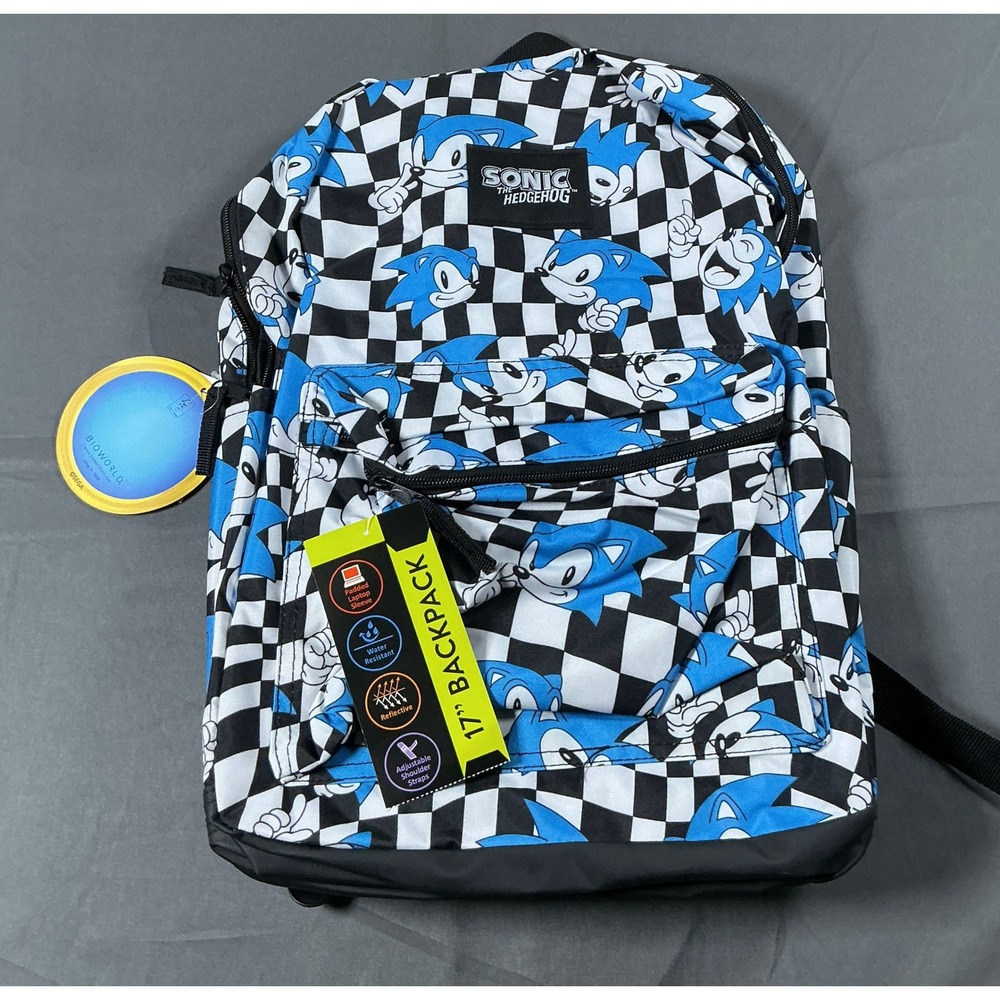 Sonic the Hedgehog Bioworld 17 Inch Backpack Checkered Blue Black White NWT